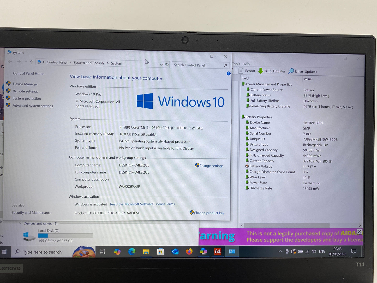 Lenovo ThinkPad T14 Gen 1 | 14" FHD |i5-10310U | 16GB RAM | 256GB SSD | 4G