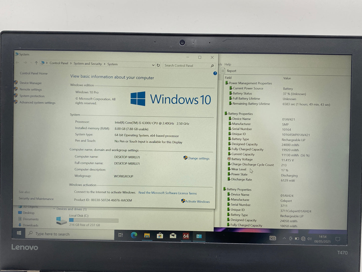 Lenovo ThinkPad T470 | i5-6300U | 8GB RAM | 256GB SSD | 14" FHD